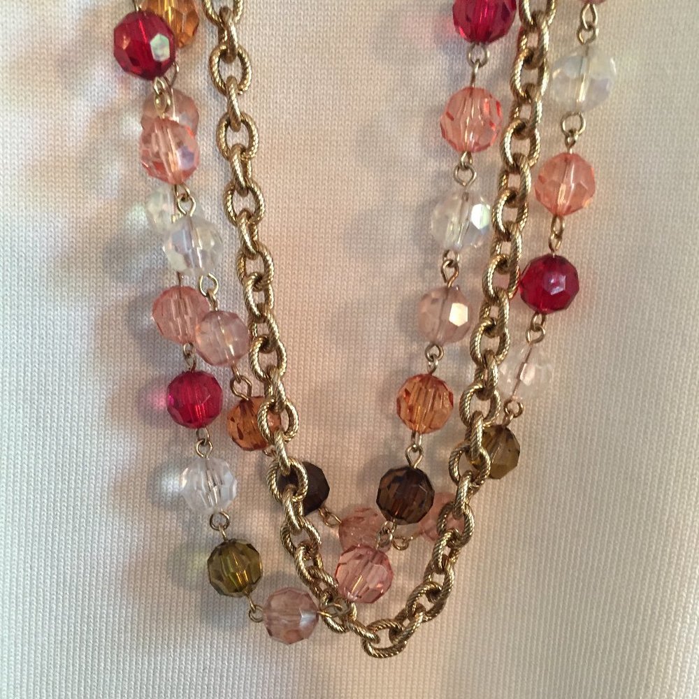 EUC 4-Strand Bead Necklace, Pink, Olive, Amber, Gold-Tone Chain, 37" L + 8" Ext